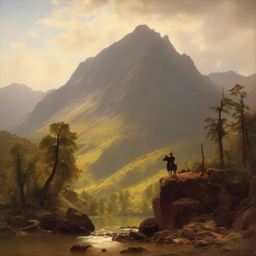 Prompt: <mymodel> a painting of a  brave knight standing on a rock with a sword in his hand and a mountain in the background, Albert Bierstadt, hudson river school, matte painting, a matte painting