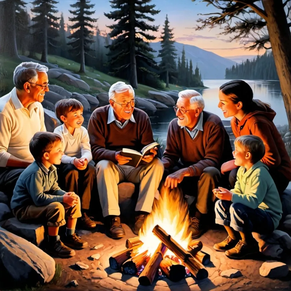 Prompt: painting of a grandfather telling stories by a campfire with his children and grandchildren.