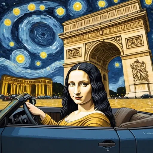 Prompt: Mona Lisa driving a convertible  through the Arc de Triomphe in the style of "The Starry Night" by Vincent van Gogh