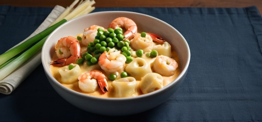 Prompt: A bowl of (Baked gnocchi, shrimp, tortellini, spicy cream sauce & green onions)  on napkin on a plate on a table, regionalism,  food photography.