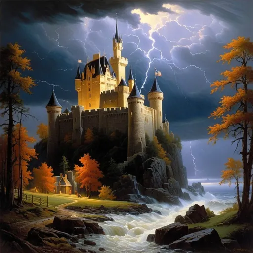 Prompt: a painting of  The Castle was a vast and majestic pile standing on an eminence and commanding the whole of the country around,  a dark and stormy night,  The storm increased the thunder rolled and the rain continued to beat with unabated fury,  Brothers Hildebrandt, american scene painting, highly detailed oil painting, a fine art painting