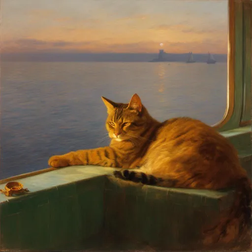 Prompt: <mymodel>A cat that is sleeping on a ferry.  wide angle view, full depth of field, beautiful, high resolution, golden hour lighting,