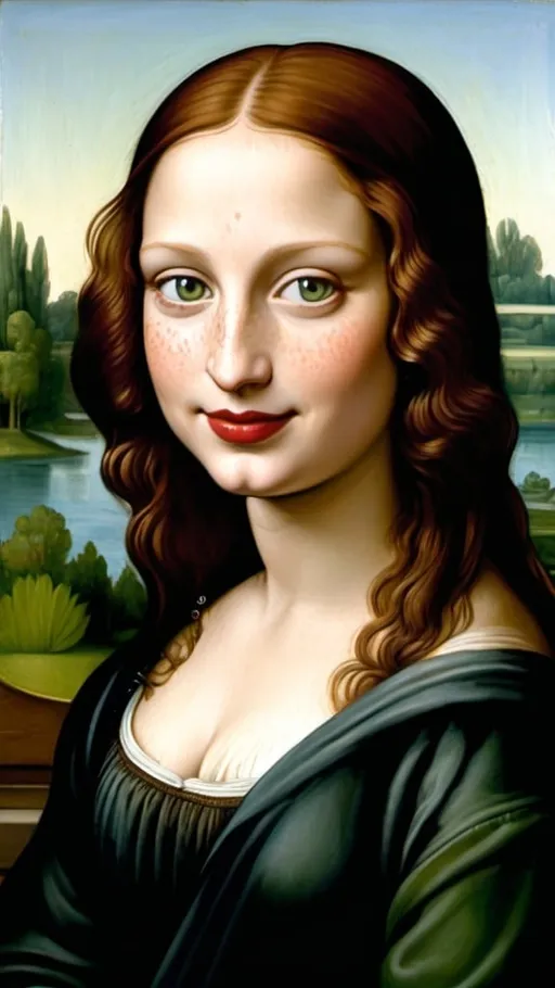 Prompt: a painting of Mona Lisa with dark freckle green eyes  long ginger hair and  red lipstick on a smile on her face, with a green background and a blue sky, Fra Bartolomeo, academic art, renaissance oil painting, a painting