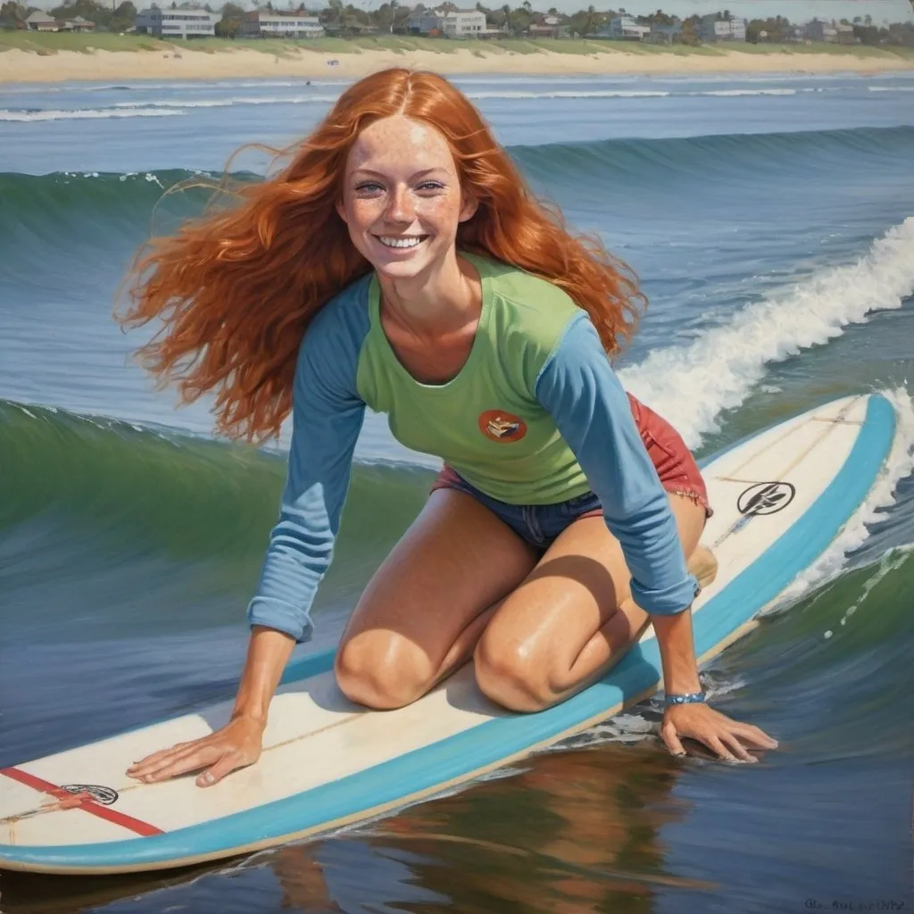 Prompt: a full-length portrait painting, 27 year-old woman, 
riding a surfboard  going for the tube
cover with dark freckle,
green eyes, 
long ginger hair
a smile on her face, 
smiley-face  t-shirt, 
long blue jean,
red and blue tennis shoes,
1970s oil painting,

