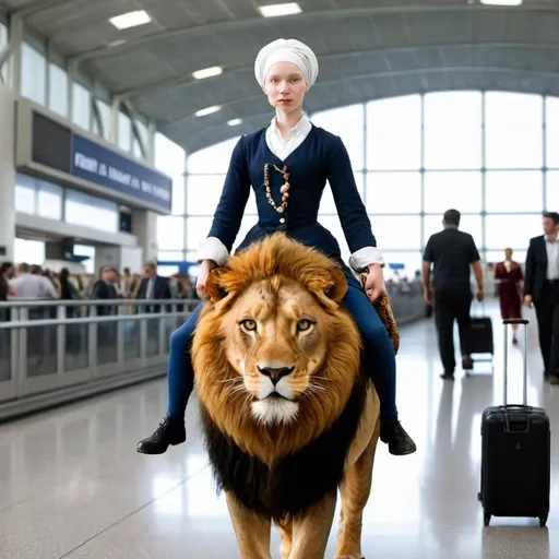 Prompt: "the girl with the pearl earring"   riding a  lion in  an airport