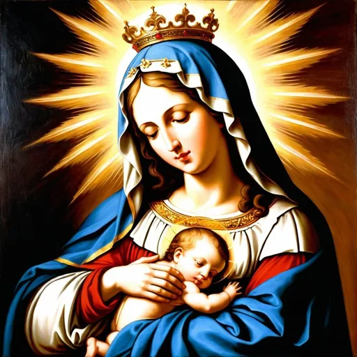 Prompt: a painting of the virgin Mary “ holding the baby Jesus in her arms with her flaming immaculate heart on her chest and a halo above her head, Anne Said, gothic art, renaissance oil painting, a flemish Baroque

Hail Mary, full of grace,
The Lord is with thee.
Blessed art thou amongst women,
And blessed is the fruit of thy womb, Jesus.
Holy Mary, Mother of God,
Pray for us sinners,
Now and at the hour of our death. 

the virgin Mary 

“My soul glorifies the Lord
     and my spirit rejoices in God my Savior,
 for he has been mindful
    of the humble state of his servant.
From now on all generations will call me blessed,
    for the Mighty One has done great things for me—
    holy is his name.
 His mercy extends to those who fear him,
    from generation to generation.
 He has performed mighty deeds with his arm;
    he has scattered those who are proud in their inmost thoughts.
 He has brought down rulers from their thrones
    but has lifted up the humble.
 He has filled the hungry with good things
    but has sent the rich away empty.
He has helped his servant Israel,
    remembering to be merciful
to Abraham and his descendants forever,
    just as he promised our ancestors.”