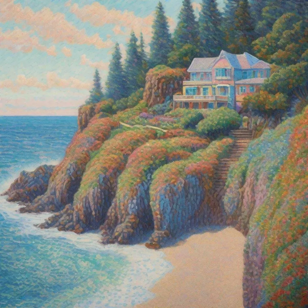 Prompt: A  painting of a home at  an ocean beach by  waterfall in the the mountains , in the pointillism style of Claude Monet, with soft pastel colors.