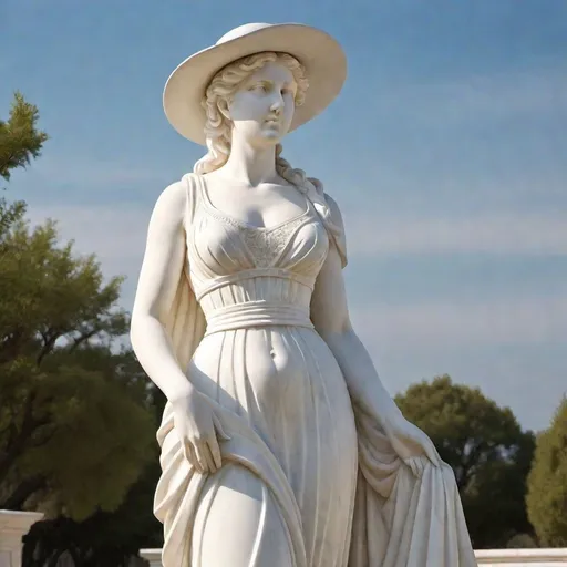 Prompt: White Marble statue of of beautiful 25-year-old woman, white Victorian hat, white Victorian dress, high quality, classical sculpture, ancient Greek, detailed features, white marble, elegant pose, graceful, soft lighting, traditional, historical, realistic details, classical art, serene expression, lifelike, smooth curves, goddess-like, ancient beauty, classical, sophisticated, traditional sculpture, elegant, natural lighting

