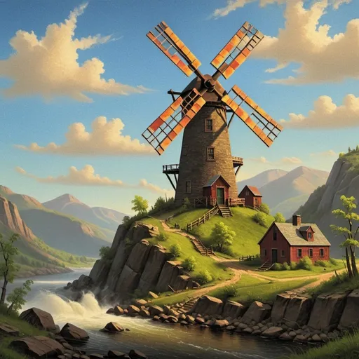 Prompt: Create a UHD, 64K, professional oil painting in the style of Albert Bierstadt, Hudson River School, american scene painting, Depict a playfully  balanced windmill on  the mountain that stood out  bold and clear against the sky its towering crags and deep ravines filled with mystery and beauty.