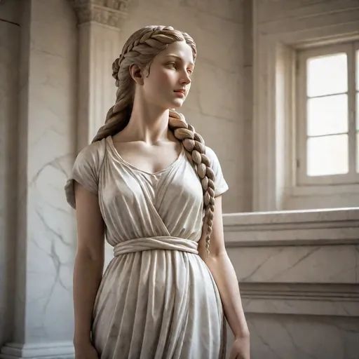 Prompt: Marble statue of beautiful 25-year-old woman, long hair in a French braid,   thick long  cotton dress with a high neck line, high quality, classical sculpture, ancient Greek, detailed features, white marble, elegant pose, graceful, soft lighting, traditional, historical, realistic details, classical art, serene expression, lifelike, smooth curves, goddess-like, ancient beauty, classical, sophisticated, traditional sculpture, elegant, natural lighting