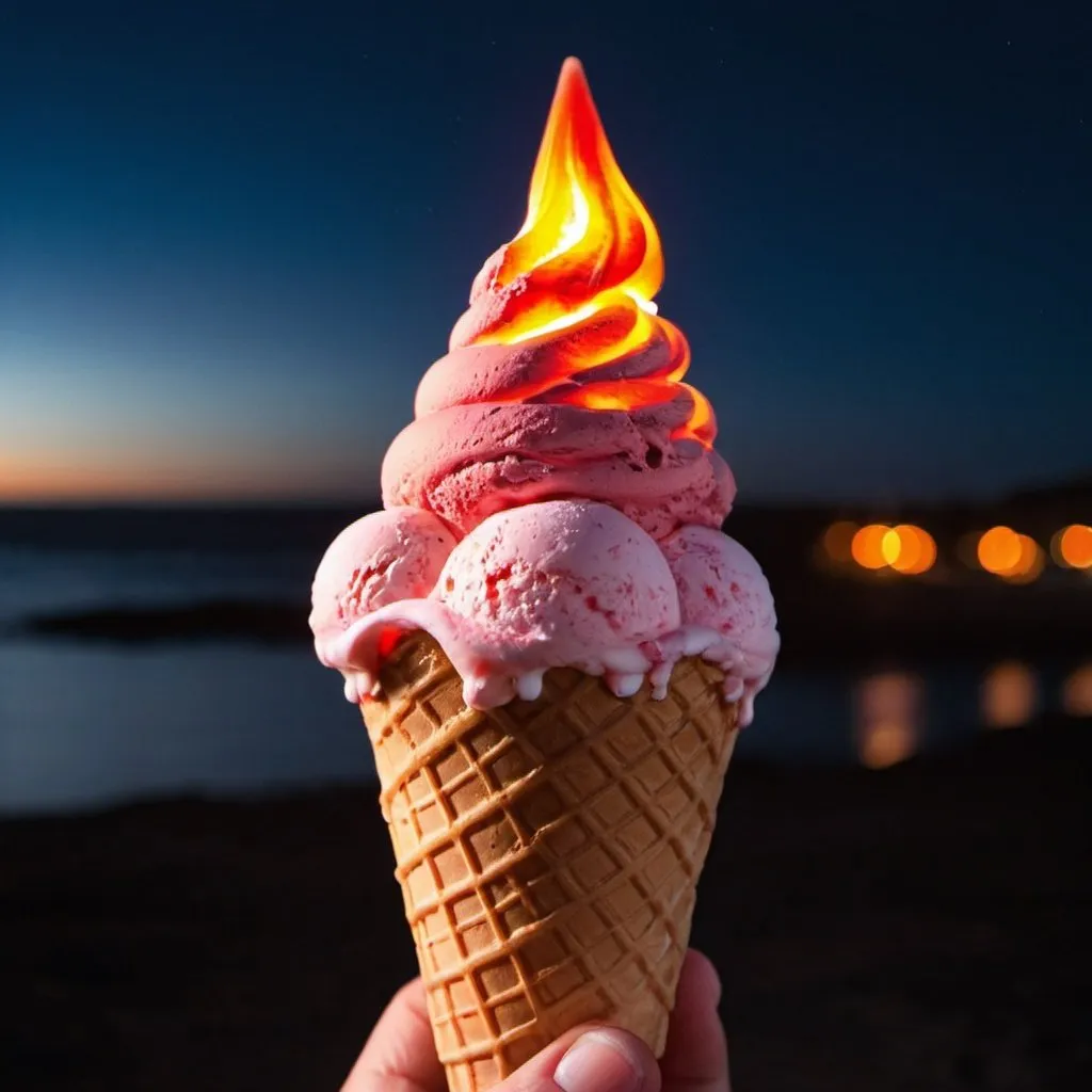 Prompt: a lava ice cream cone at night 