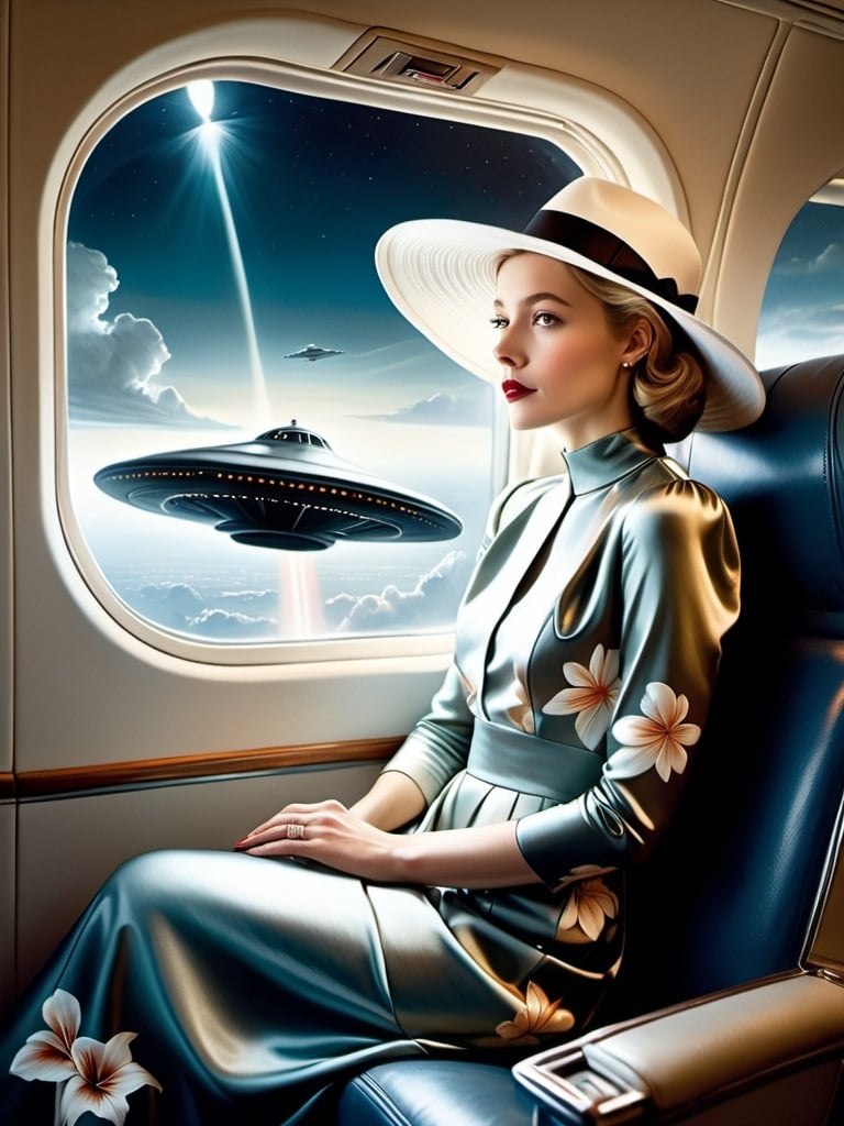 Prompt: a (( 21-year-old woman in a long flower print Empire Dress with a high neck line and white hat)) sitting on an airplane seat with a hat on her head and an attacking UFO in  the night shy in in the background with a window, Annie Leibovitz, precisionism, promotional image, an art deco painting