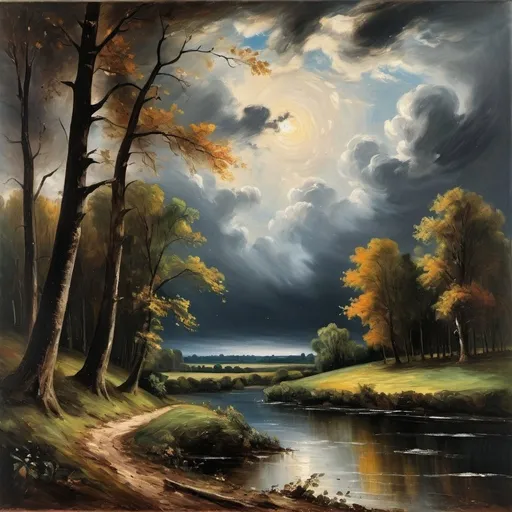 Prompt: Create a oil painting in the style of John Constable, Romanticism,  Depict, the horizon to the zenith's height,  As leaves that before the wild hurricane fly, The woods are lovely  dark and deep, 