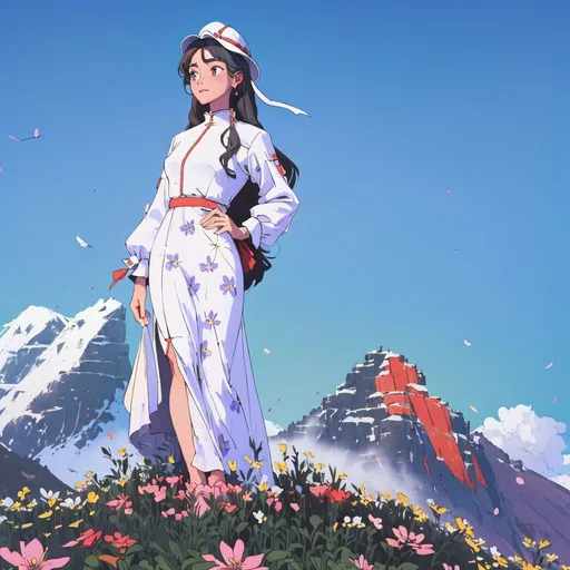 Prompt: a  ((a 21-year-old woman in a long flower print Empire Dress with a high neck line and white hat)) standing on top of a mountain with a blue sky in the background, Ella Guru, symbolism, giantess art, an album cover