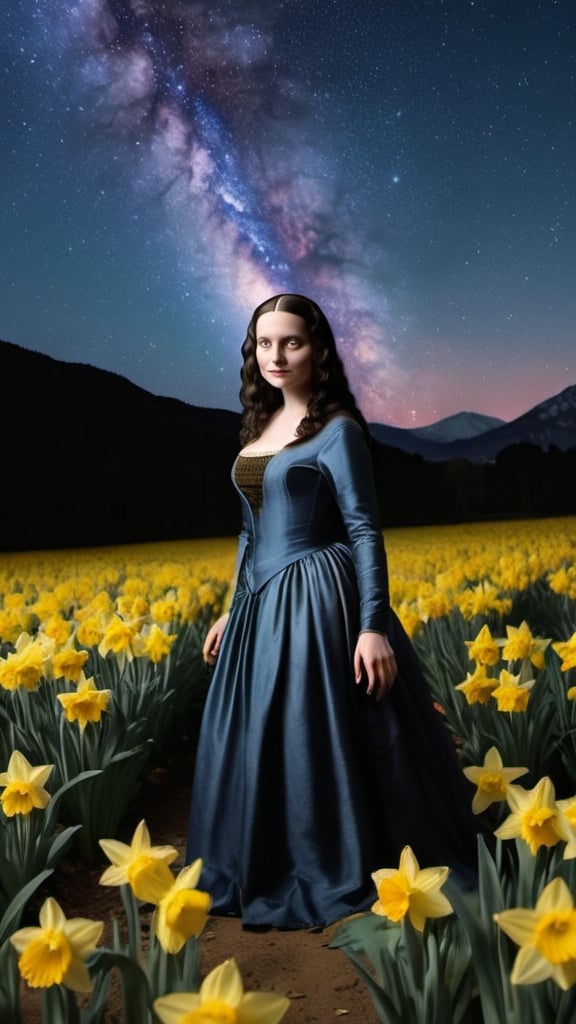 Prompt: Mona Lisa, standing on ground ,open field , A host, of golden daffodils,  night, milky way, full from head to toe body shot