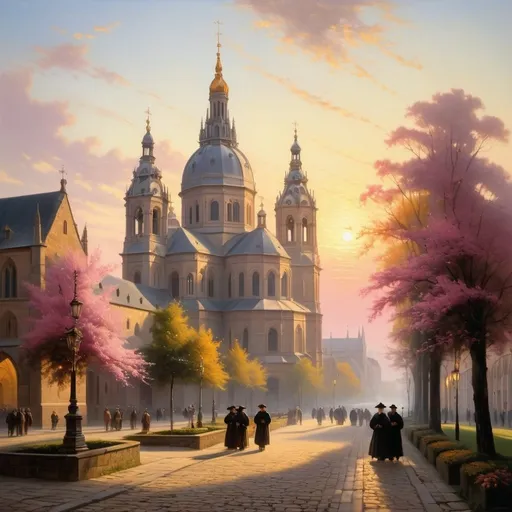 Prompt: Create a UHD, 64K, professional oil painting in the style of Carl Heinrich Bloch, blending the American Barbizon School and Flemish Baroque influences. Depict a grand cathedral viewed from the outside at dawn. The majestic structure, with its soaring spires and intricate Gothic architecture, stands illuminated by the soft, golden light of the rising sun. The sky is painted in hues of pink and gold, with the first light of day casting long shadows across the cobblestone streets. Surrounding the cathedral are lush gardens with blooming flowers and towering trees. In the foreground, a few early morning figures are seen walking, adding a touch of life to the serene and picturesque scene



