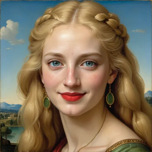 Prompt: a half-length portrait painting  of Helen of Troy cover with dark freckle blue eyes  long blonde hair red lipstick  on a smile on her face, "gold earrings" with a green background and a blue sky, Fra Bartolomeo, academic art, renaissance oil painting, a painting in the style of  Mona Lisa