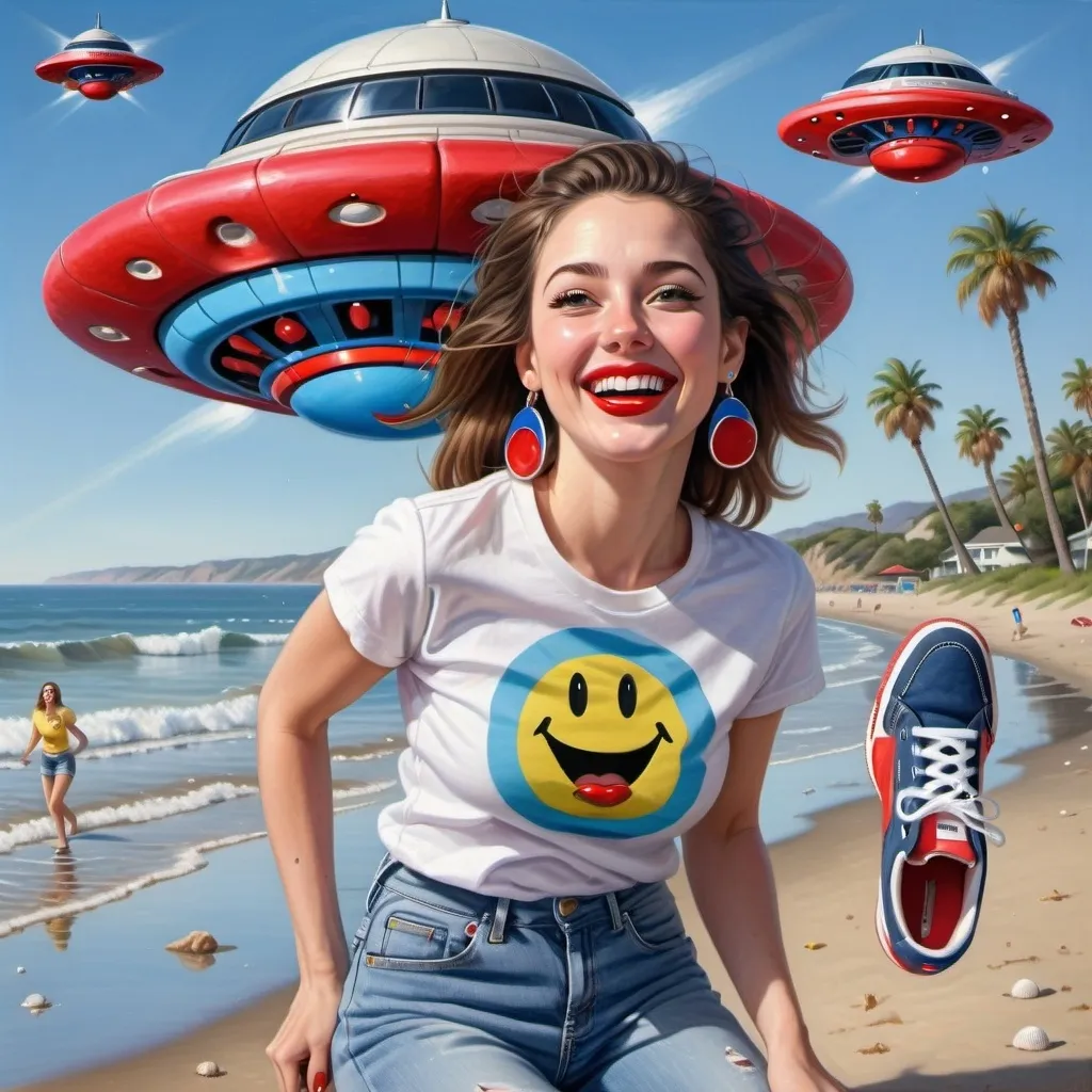 Prompt: photorealistic portrait of a [(27 year-old woman),  (red lipstick), (a smile on her face), ( smiley earrings), (smiley t-shirt), (long blue jean), (red and blue tennis shoes),]on the beach, looking very excited at an attacking UFO