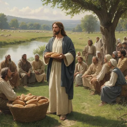 Prompt: a painting of Jesus  with a halo giving bread  and fish to a group of five thousand. people in a field with trees and people in the background, Carl Heinrich Bloch, naive art, renaissance oil painting, a storybook illustration

Then, because so many people were coming and going that they did not even have a chance to eat, he said to them, “Come with me by yourselves to a quiet place and get some rest.”

 So they went away by themselves in a boat to a solitary place.  But many who saw them leaving recognized them and ran on foot from all the towns and got there ahead of them. When Jesus landed and saw a large crowd, he had compassion on them, because they were like sheep without a shepherd. So he began teaching them many things.

By this time it was late in the day, so his disciples came to him. “This is a remote place,” they said, “and it’s already very late.  Send the people away so that they can go to the surrounding countryside and villages and buy themselves something to eat.”

 But he answered, “You give them something to eat.”

They said to him, “That would take more than half a year’s wages! Are we to go and spend that much on bread and give it to them to eat?”

 “How many loaves do you have?” he asked. “Go and see.”

When they found out, they said, “Five—and two fish.”

Then Jesus directed them to have all the people sit down in groups on the green grass. So they sat down in groups of hundreds and fifties. Taking the five loaves and the two fish and looking up to heaven, he gave thanks and broke the loaves. Then he gave them to his disciples to distribute to the people. He also divided the two fish among them all. They all ate and were satisfied, and the disciples picked up twelve basketfuls of broken pieces of bread and fish. The number of the men who had eaten was five thousand.