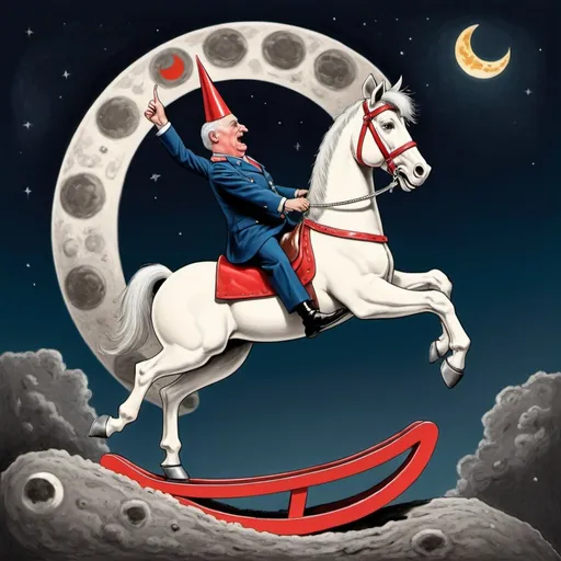 Prompt: A "political cartoon" of a "military dictator"  "wearing dunce" hat riding a "rocking horse" that is jumping "over the Moon. " 