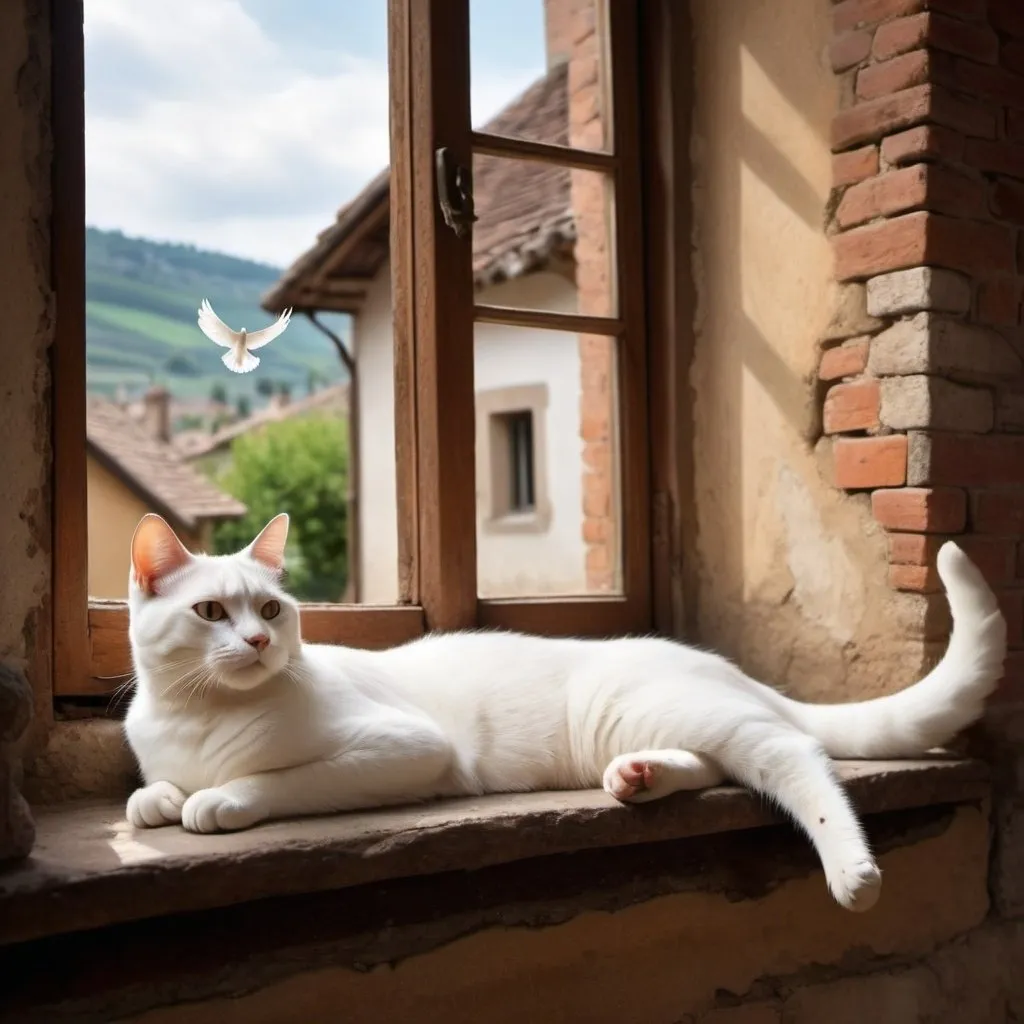 Prompt: Create an image from inside of a home of a [cat] lying comfortably on a ledge inside of a  [window that is wide open ].  in a [picturesque small village].
a white [dove] with its wings spread wide open, perched gracefully in the air, fly over  the cat].
