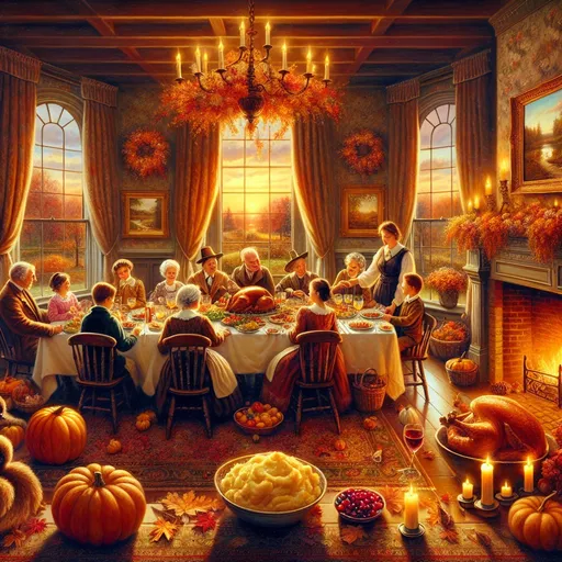 Prompt: Create a UHD, 64K, professional oil painting in the style of Carl Heinrich Bloch, blending the American Barbizon School and Flemish Baroque influences. Depict a warm, inviting scene of a Thanksgiving dinner at grandmother's house. The table is set with a bountiful feast, including a golden roasted turkey, bowls of mashed potatoes, gravy, cranberry sauce, and an assortment of vegetables. The dining room is filled with the soft glow of candlelight and the cozy warmth of a crackling fireplace. Family members of all ages are gathered around the table, their faces lit with joy and laughter. The room is adorned with autumnal decorations, such as pumpkins, leaves, and cornucopias. In the background, through a large window, a picturesque view of a late autumn landscape can be seen, with golden leaves and a setting sun casting a warm glow over the scene.