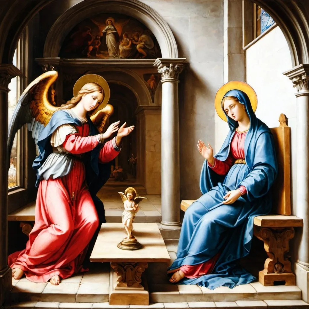 Prompt: a painting of a archangel Gabriel and a the Virgin Mary sitting on a bench 


