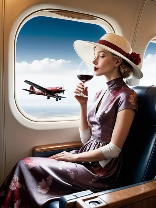 Prompt: a 21-year-old woman in a long flower print Empire Dress with a high neck line and white hat sitting on an airplane seat with a hat on her head drinking red wine,  and a plane in the background with a window, Annie Leibovitz, precisionism, promotional image, an art deco painting  drinking red wine,