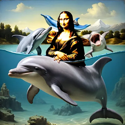Prompt: Mona Lisa  riding a dolphin 