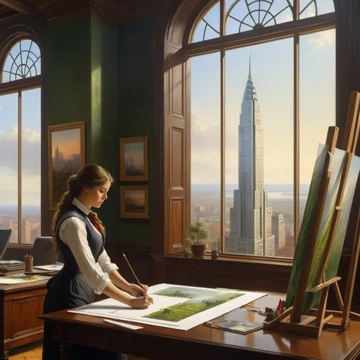 Prompt: painting of a woman working as  an architect designing a skyscraper in an office , 
Albert Bierstadt, a realistic painting, UHD, 64K