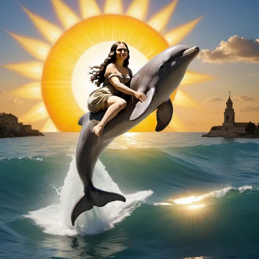 Prompt: Mona Lisa riding a dolphin that is jumping over the Sun.