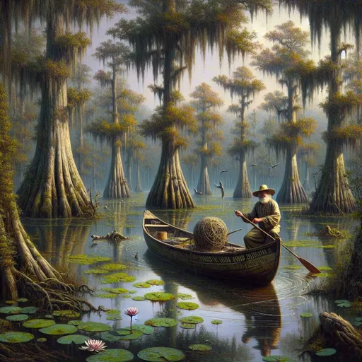 Prompt: Create a UHD, 64K, professional oil painting in the style of Carl Heinrich Bloch, blending the American Barbizon School and Flemish Baroque influences. Depict a serene and mystical Louisiana swamp scene. The foreground features cypress trees with gnarled roots emerging from the murky water, draped with Spanish moss that hangs like delicate lace. The water's surface reflects the lush greenery and is dotted with water lilies and the occasional ripple from unseen creatures.

In the midground, a wooden pirogue (small boat) with an old fisherman casting a net adds a human element to the natural landscape. His weathered face shows concentration and a deep connection with his surroundings. The background fades into a misty horizon where the dense foliage of the swamp seems to merge with the sky.

The setting includes wildlife typical of a Louisiana swamp: an alligator sunning itself on a log, a great blue heron standing still in the water, and a family of turtles basking on a fallen branch. The atmosphere is humid and still, with shafts of sunlight piercing through the canopy, illuminating the swamp with a soft, golden light. The painting captures the tranquil beauty and eerie mystery of the swamp, emphasizing its rich biodiversity and the harmony between the people and their environment.