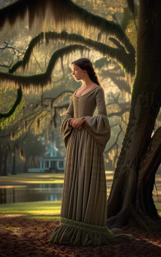 Prompt: "Journey back to the romantic and mystical atmosphere of 18th-century French Louisiana as you depict the iconic figure of Evangeline standing beneath the spreading branches of a majestic oak tree draped in Spanish moss. Let the soft, ethereal light of the bayou filter through the moss and leaves, casting gentle shadows on Evangeline's figure.

Capture the depth of Evangeline's emotions as she gazes out across the tranquil waters of the bayou, her eyes filled with longing and hope as she waits for her forever lost love, Gabriel. Infuse your artwork with a sense of melancholy and nostalgia, reflecting Evangeline's enduring devotion and the timeless themes of love and loss.

Experiment with color, texture, and brushstrokes to convey the lush beauty of the Louisiana landscape and the timeless allure of Evangeline's character. Whether you choose to depict her in a moment of quiet contemplation or with a hint of movement as a gentle breeze stirs the moss and ripples the water, let your imagination transport viewers to a world of romance and enchantment.

<mymodel>