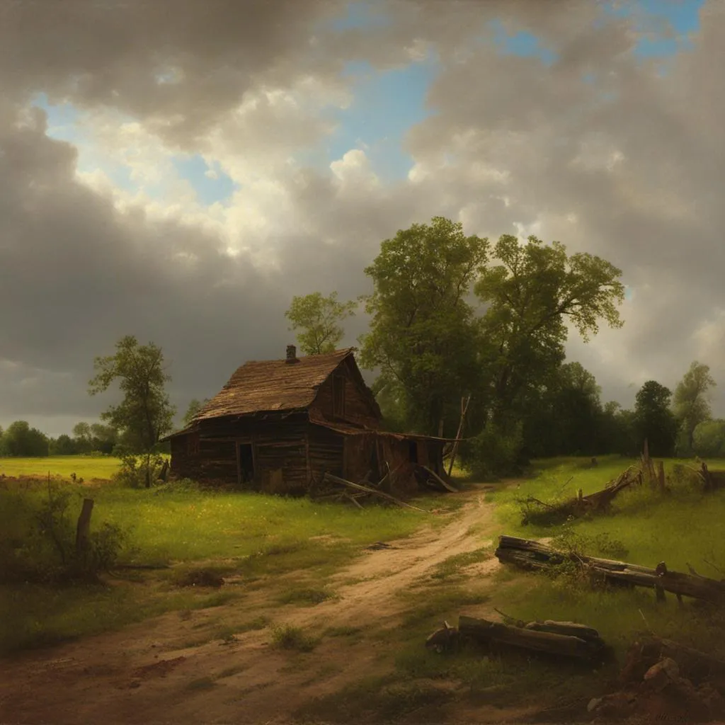 Prompt: <mymodel>"The small wooden house, with its shingled roof and faded paint, stood at the end of a dirt road, surrounded by a makeshift fence."

Stephen Crane, Maggie: A Girl of the Streets (1893)


 Andreas Achenbach, american scene painting, Albert Bierstadt, an oil painting