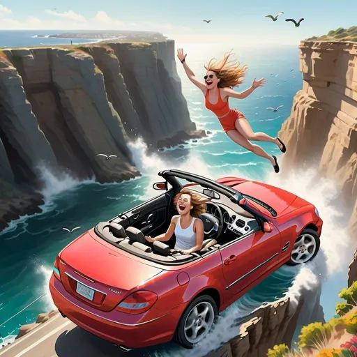 Prompt: 27 year-old woman  laughing and driving a sports convertible car off a cliff into the ocean, car flying through air towards screen, freefalling, dynamic
