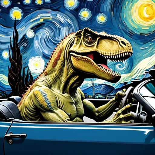 Prompt: [tyrannosaurus is driving a convertible with hand on steering wheel] in the style of "The Starry Night" by Vincent van Gogh