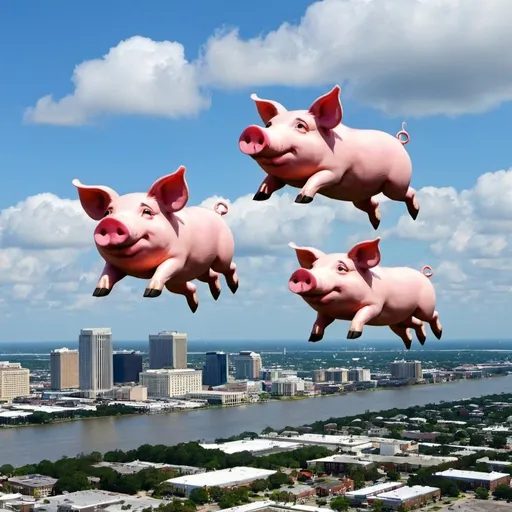 Prompt: three pigs flying over new orleans louisiana 
