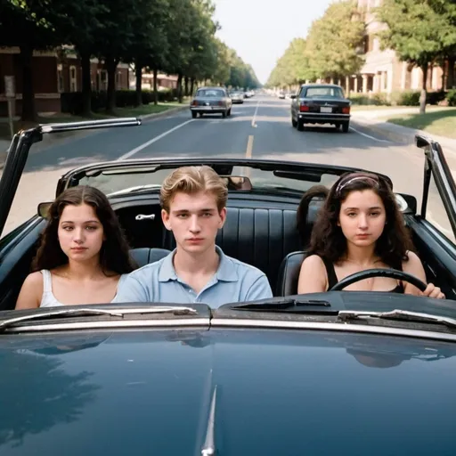 Prompt: photo of a 21 year-old college man,
driving a convertible,
with passengers,
21 year-old  Mona Lisa,  
21 year-old Helen of Troy,