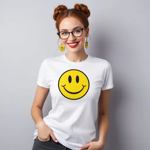 Prompt: on the beach, while UFO is attacking 

25-year-old woman, green eyes. cover with dark freckle. long ginger hair ginger in a French braid. wearing lipstick red. broad rimmed eyeglasses purple

the is  woman wearing a white t-shirt. 

the  t-shirt has a yellow smiley face with two eyes and a smile on it's face, with a black outline, Dave Gibbons, naive art, smile, a digital rendering

 the woman is wearing  earrings.

the earrings has a yellow smiley face with two eyes and a smile on it's face, with a black outline, Dave Gibbons, naive art, smile, a digital rendering









