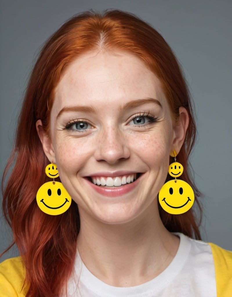 Prompt: a woman with red hair and a smile on her face wearing yellow earrings and a t - shirt with a smiley face, Ella Guru, optical illusion, hyper realistic face, a stock photo