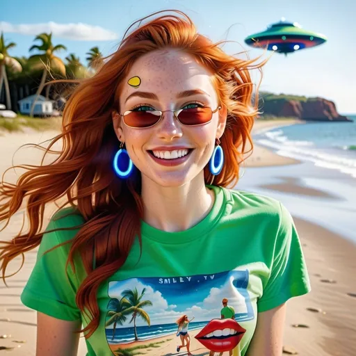 Prompt: photorealistic portrait of a [(27 year-old woman), (cover with dark freckle), (green eyes), (long ginger hair), (red lipstick), (a smile on her face), ( smiley earrings), (smiley t-shirt), (long blue jean), (red and blue tennis shoes),] on the beach, looking very happy at an attacking UFO