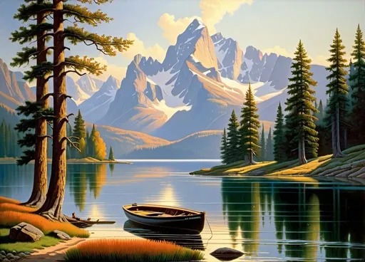 Prompt: a painting of a mountain lake with a boat in the water and trees in the foreground and a mountain range in the background, Brothers Hildebrandt, american scene painting, matte painting, a matte painting