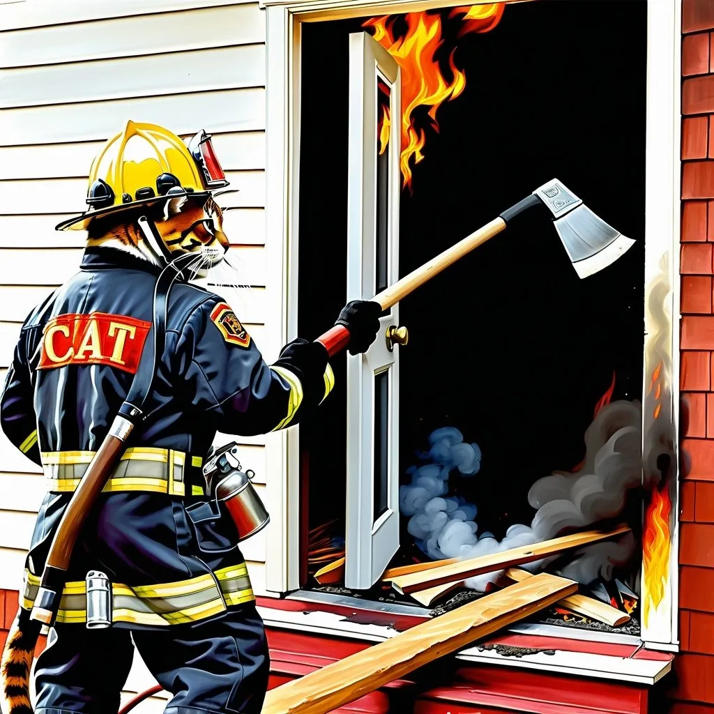 Prompt: A painting profile view of an anthropomorphic cat as firefighter, suit firefighter suit helmet on using an ax to chop a door of a home that is on fire.