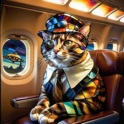 Prompt: a  anthropomorphic Tortoiseshell  cat sitting on an airplane seat with a hat on his head and a attacking UFO in the night shy in the background with a window, Annie Leibovitz, precisionism, promotional image, an art deco painting