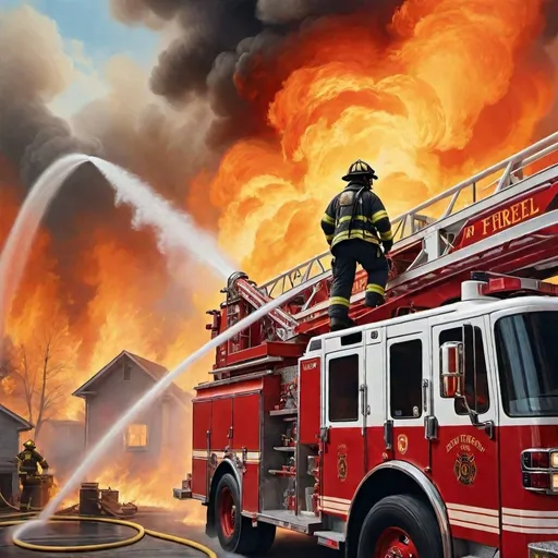 Prompt: A painting of a brave firefighter, standing on  the firetruck's raise ladder, 
a  battling a fire with a running  fire hose in his hand, 
a raging fire in the background, side profile, heroic painting, a matte painting