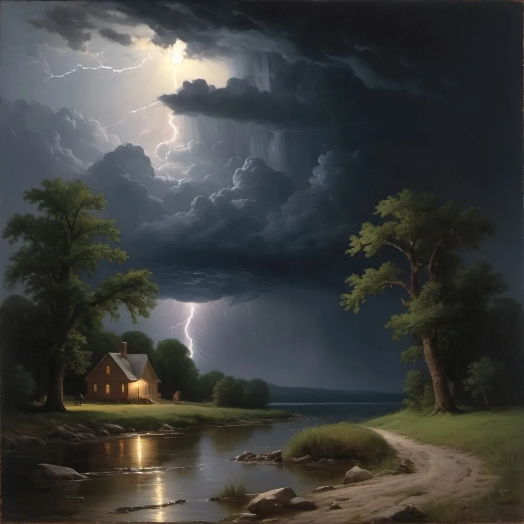Prompt: Create a UHD, 64K, professional oil painting in the style of Carl Heinrich Bloch, blending influences from the American Barbizon School and the Hudson River School. Depict "The night had closed in before the storm came; a thunderstorm which broke with a force unparalleled in my memory."