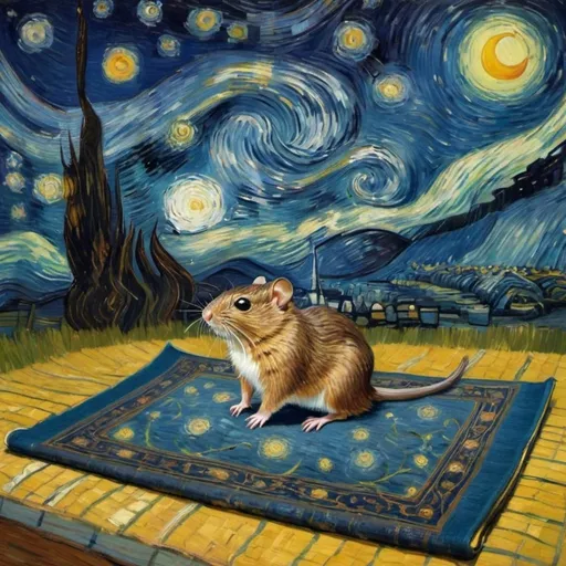 Prompt: A vole  flying on a "magic carpet" in "The Starry Night" by Vincent van Gogh