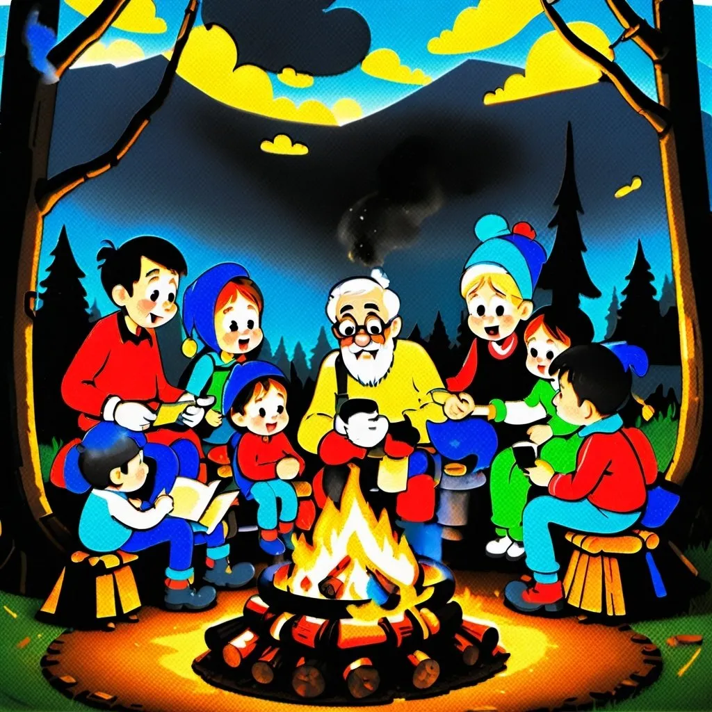 Prompt: Painting of a grandfather.,
Telling stories by a campfire.,
Surrounded by five young grandchildren.