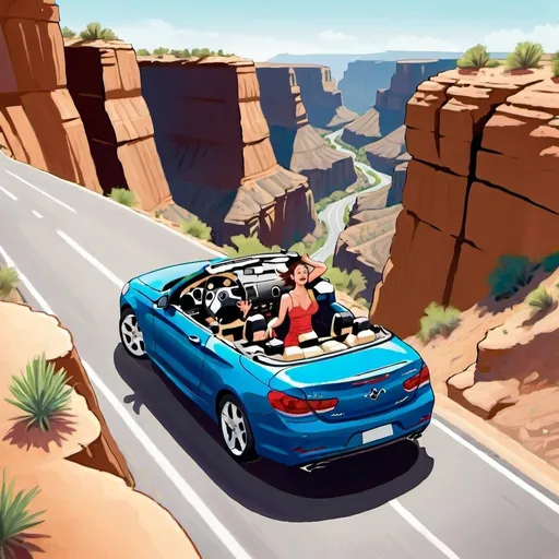 Prompt: (27 year-old woman driving a convertible), (the convertible  is  jumping over a canyon),