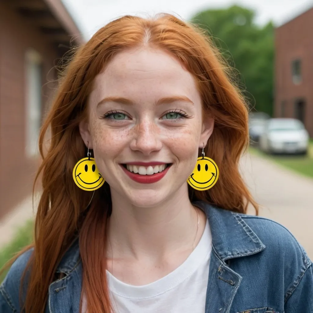 Prompt: portrait,  
27 year-old woman, 
walking,
cover with dark freckle, 
green eyes, 
long ginger hair, 
red lipstick, 
a smile on her face, 
(earrings with a smiley face on it's earring hooks),  
smiley-face t-shirt, 
long blue jean, 
photo 